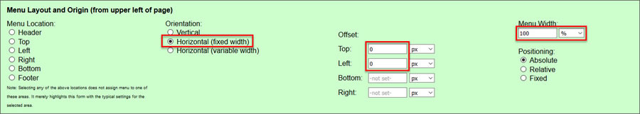 set horizontal menu of fixed width of 100% at position 0-0